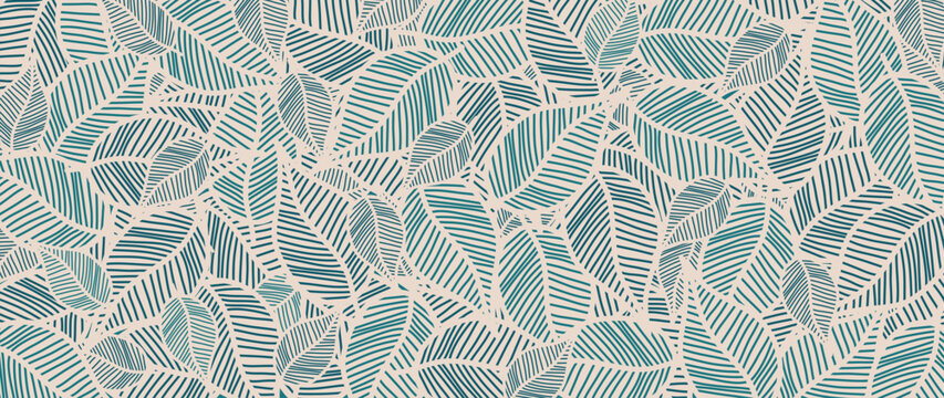 Abstract foliage botanical background vector. Beige wallpaper of tropical plants, leaf branches, palm leaves, green line art. Foliage design for banner, prints, decor, wall art, decoration