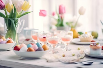 Serving Easter dinner on white wooden table with crystal glassware, colorful delicious eggs in cases on the plates, and fresh tulip flowers. Family vacation history minimal vertical card the space bar