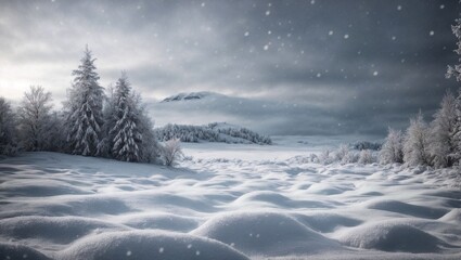 Snow blankets the mountainous winter landscape, where trees stand adorned in frost, under a blue sky with a captivating sunset, creating a serene and beautiful scene