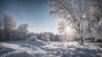 Winter Wonderland: A scenic landscape featuring snow-covered trees, icy roads, and a frosty forest under a blue sky, creating a serene and picturesque winter scene