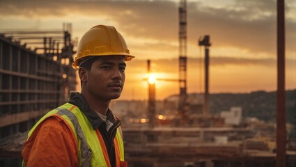 Construction worker diligently working at a construction site, wearing a safety helmet and focused on the building project, surrounded by fellow workers, engineers, and a crane