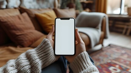 Happy young woman holding mobile smartphone with blank white screen background