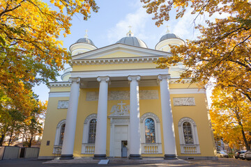 Transfiguration (Spaso-Preobrazhensky) Cathedral facade in autumn yellow foliage in St Petersburg, Russia