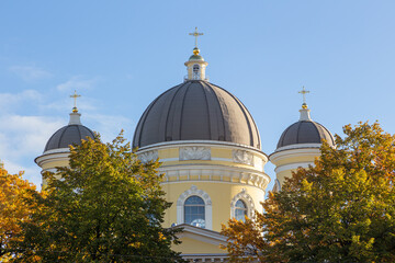 Transfiguration (Spaso-Preobrazhensky) Cathedral Dome in autumn yellow foliage in St Petersburg, Russia