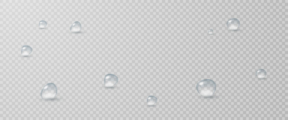 Realistic vector water drops png on a transparent light background. Water condensation on the surface with light reflection and realistic shadow. 3d vector illustration