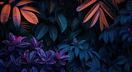 Vibrant tropical leaves and monstera plants illuminated by neon light.