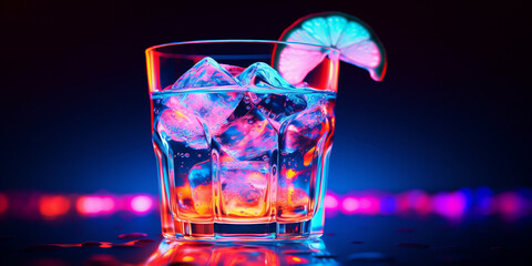 Glass of cocktail in hypnotic neon light Colorful rave party drink .
