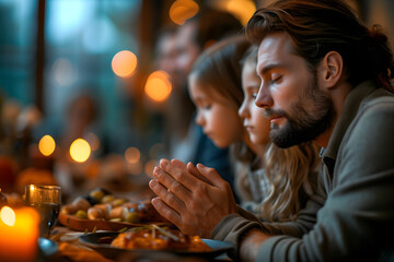 Family praying before dinner at Thanksgiving, expressing gratitude and togetherness.