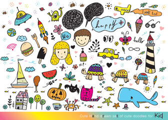 Fototapeta premium Vector illustration of Doodle cute for kid, Hand drawn set of cute doodles for decoration,Funny Doodle Hand Drawn, Summer, Doodle set of objects from a child's life,Cute animal