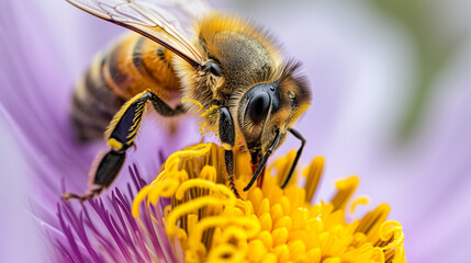 A close-up of a bee collecting nectar from a blooming flower, highlighting the essential role of pollinators in spring, with space for nature conservation messages