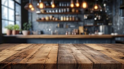 Wood bar top with blue sky over a kitchen, in the style of rustic scenes - obrazy, fototapety, plakaty