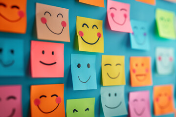 Obraz na płótnie Canvas Happiness positive mind and Mental Health concept banner, Various happy smiling faces hand drawn on sticky notes, A set of happy face stickers, Customer testimonial and experience feedback concept
