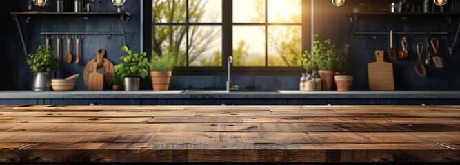 Wood bar top with blue sky over a kitchen, in the style of rustic scenes