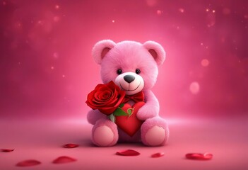 A pink teddy bear with a cute face and holds a red rose between its paws with beautiful pink background. Happy Valentine's Day.