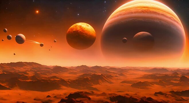 Space Horizon: A Beautiful Sunrise Over Earth, Painting the Sky in Warm Shades of Red, Orange, and Yellow, with Moon and Ocean Elements