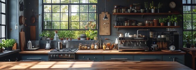 Wood bar top with blue sky over a kitchen, in the style of rustic scenes