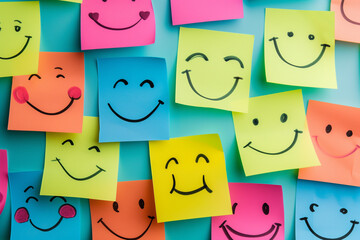 Happiness positive mind and Mental Health concept banner, Various happy smiling faces hand drawn on sticky notes, A set of happy face stickers, Customer testimonial and experience feedback concept - obrazy, fototapety, plakaty