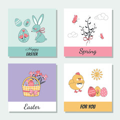 A spring set of Easter postcards with a rabbit, chickens and Easter eggs. Hand-drawn style, vector illustration