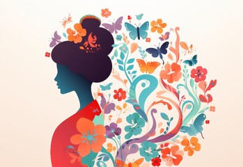 Womans Profile With Flowers and Butterflies in Hair