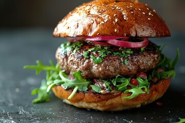 Burger Masterpiece: The Most Delicious Rustic Burger, Featured on a Plain Pastel Background with...