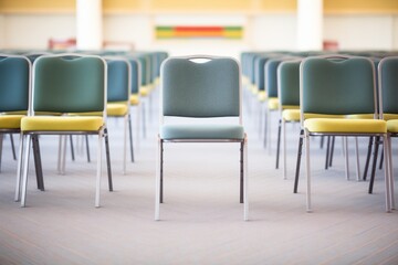 empty chairs aligned neatly in a conference hall