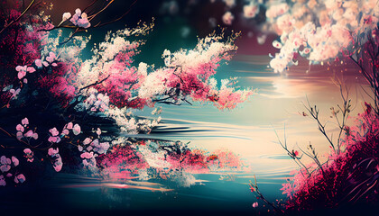 Fototapeta na wymiar abstract nature background with spring blooming flowers ; spring blossoms landscape. Generative AI.