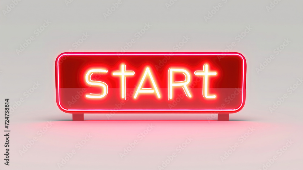 Wall mural neon red inscription start in a sign, rectangular 3D button, glowing, on a white background