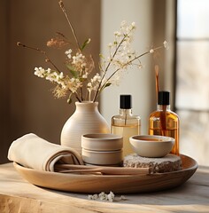 The source of luxury: a tray of luxury care products in the bathroom
