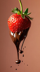 close-up of a strawberry, drops of liquid chocolate flowing from the tip