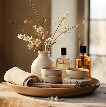 The source of luxury: a tray of luxury care products in the bathroom