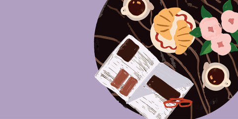 Vector hand painted French cafe top view flat lay illustration with coffee, croissant and newspaper. Cute flat simple hand drawn icon collection
