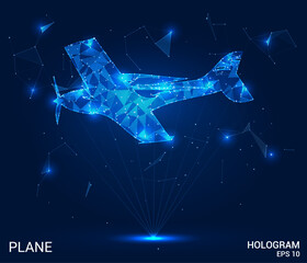 A hologram of an airplane. A light-engine aircraft made of polygons, triangles of dots and lines. The plane is a low-poly compound structure. Technology concept vector.