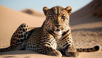 Majestic Leopard Lounging in the Sunny Sahara Desert at High Noon