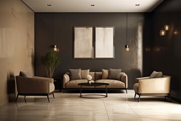 Naklejka na ściany i meble living room painted in beige and brown. Interior of blank, empty ivory room. modern minimalistic style design. Black armchair with a chocolate sofa accent. luxurious home or reception lounge