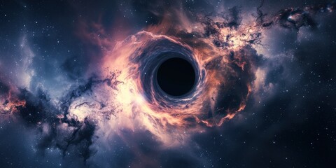 A cosmic black hole pulls in a vibrant nebula - obrazy, fototapety, plakaty