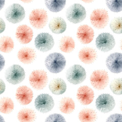 Fuzzy soft multicolored pompoms on a white background. Delicate seamless pattern in hand-drawn style for fabric, wallpaper, and festive decor