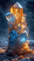 A radiant cluster of blue and amber crystals emerges from sandy ground, glowing with an inner light