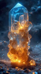 A radiant cluster of blue and amber crystals emerges from sandy ground, glowing with an inner light