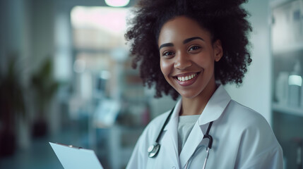 Portrait of smiling young african american female doctor. She is standing on the hospital interior background