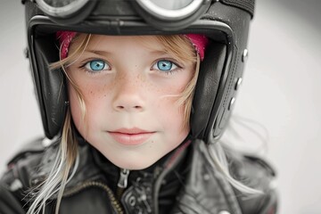 A young girl's determined gaze shines through her blue eyes as she dons a protective helmet, ready to conquer any obstacle in her path