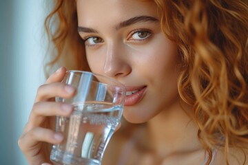 A serene woman savors the refreshing taste of nature as she gazes thoughtfully into her glass of transparent water