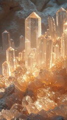 Ethereal quartz crystals bask in a serene, sunlit cave