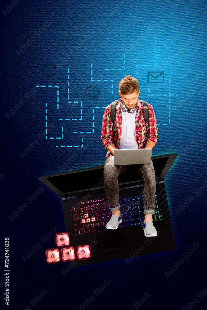 Aufkleber composite collage picture image of young man student coding gaming powerful laptop programmer weird 