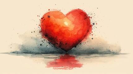 a watercolor painting of a red heart sitting on top of a body of water with the reflection of the heart in the water on the side of the image.