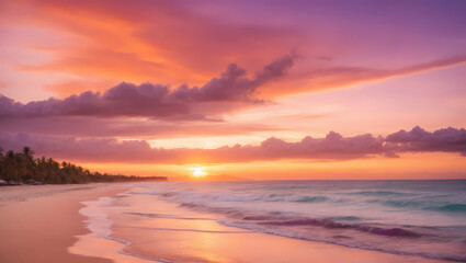 Fototapeta na wymiar Golden Hour Oasis Capture the warm hues of a tropical sunset over the beach, with the sky painted in shades of orange, pink, and purple, meeting the gentle waves.