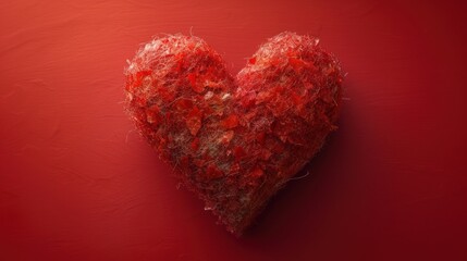  a close up of a heart shaped object on a red background with a small amount of yarn on the top of the heart and the bottom half of the heart.