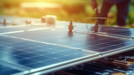 Panoramic - solar panel at sunset.