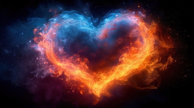  a heart made of fire and smoke on a black background with a red and blue heart on the left side of the image and a blue and orange heart on the right side of the right.