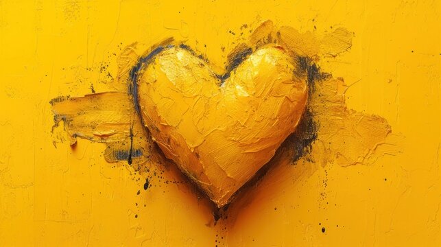  a heart painted on a yellow wall with a piece of wood sticking out of the middle of the wall and a piece of wood sticking out of wood sticking out of the wall.
