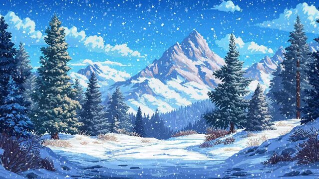 pixel art, snow forest landscape